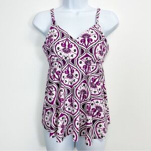 Swim Solutions Tankini Top Womens 8 Purple White Underwire Bust Support Floral